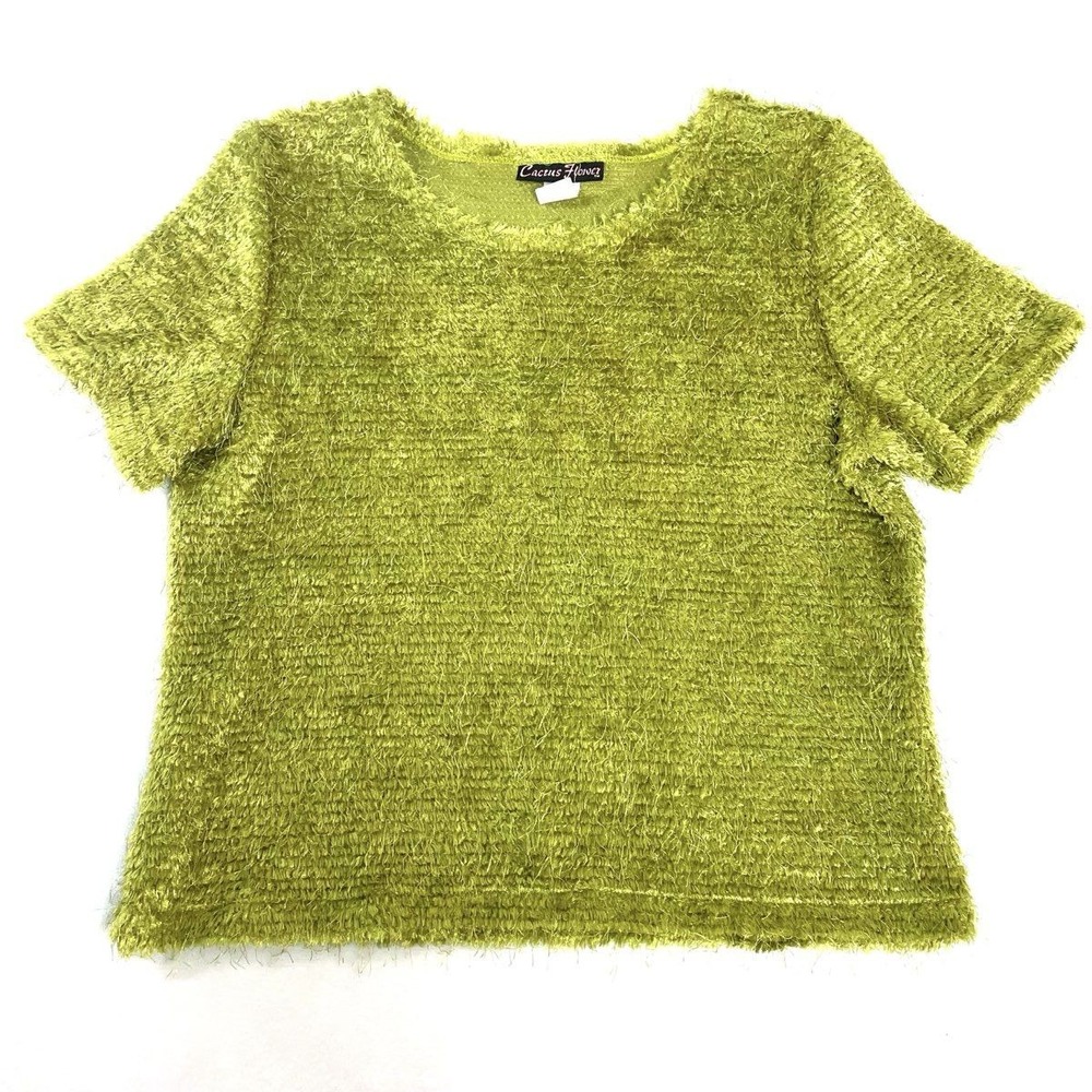 Cactus Flower Fuzzy Eyelash Knit Top Women's Medium Chartreuse Short Sleeve